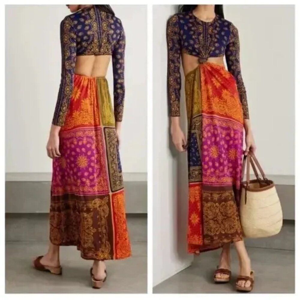 FARM Rio NEW Bandana Dream Multicolor Cut Out Maxi Dress Gown Long Sleeve Boho L
